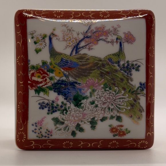 Vintage Porcelain Peacock Design Square Trinket Box  Japan - Picture 1 of 8
